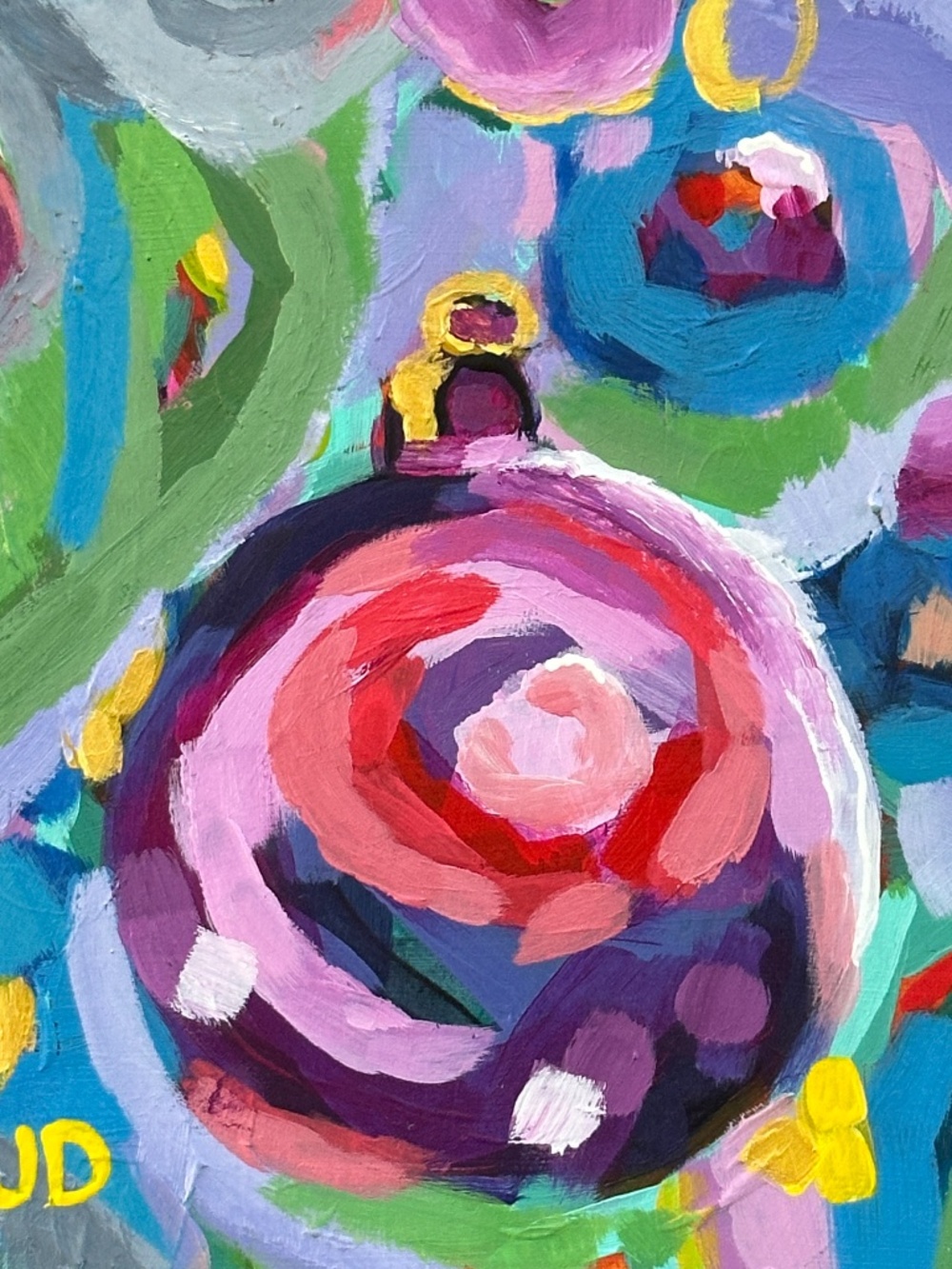 Hand-Painted Holiday Ornament Art 6x6 Cradled Wood Panel, Signed Christmas Decor